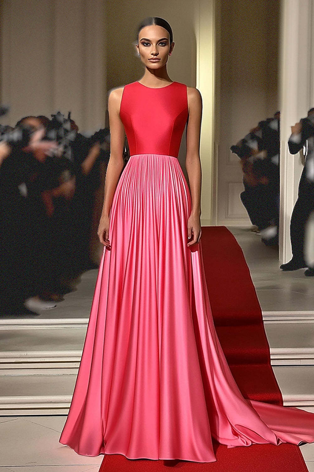 Leely Women Red Pink Satin A Line Pleated Gala Dress Jewel Neck Floor Length Formal Dress
