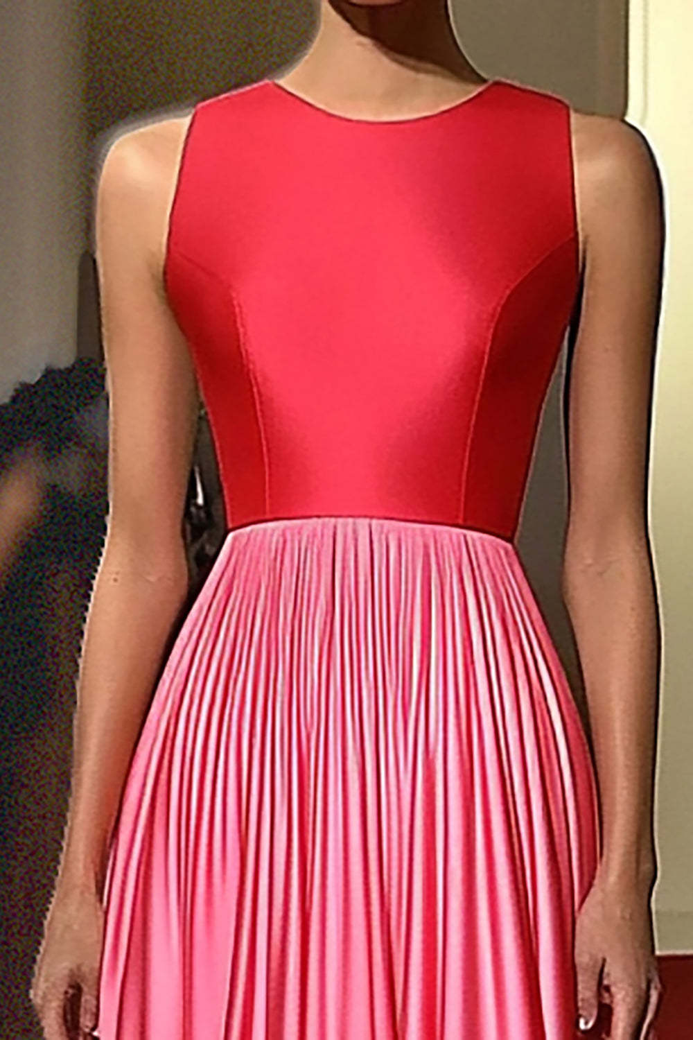 Red Pink Jewel Neck Pleated Satin A Line Gala Dress