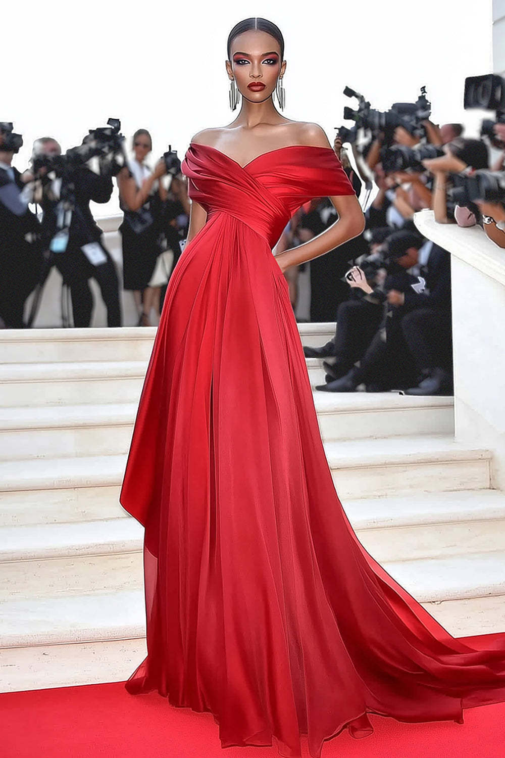 Leely Women Red Off the Shoulder A Line Gala Dress Organza Floor Length Formal Dress