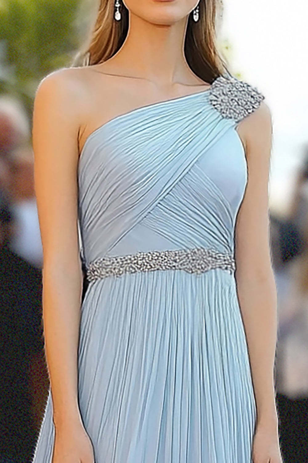 Sky Blue One Shoulder Chiffon Beaded A Line Pleated Gala Dress