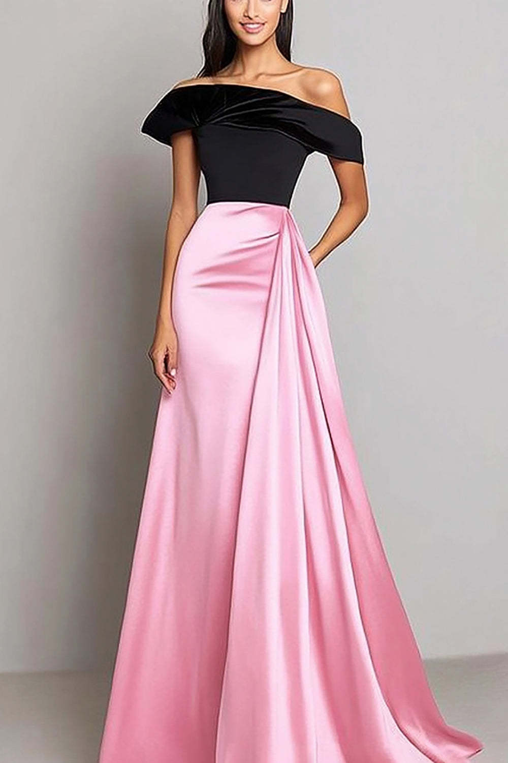 Leely Women Black Pink Satin A Line Gala Dress with Side Cape Off The Shoulder Floor Length Formal Dress