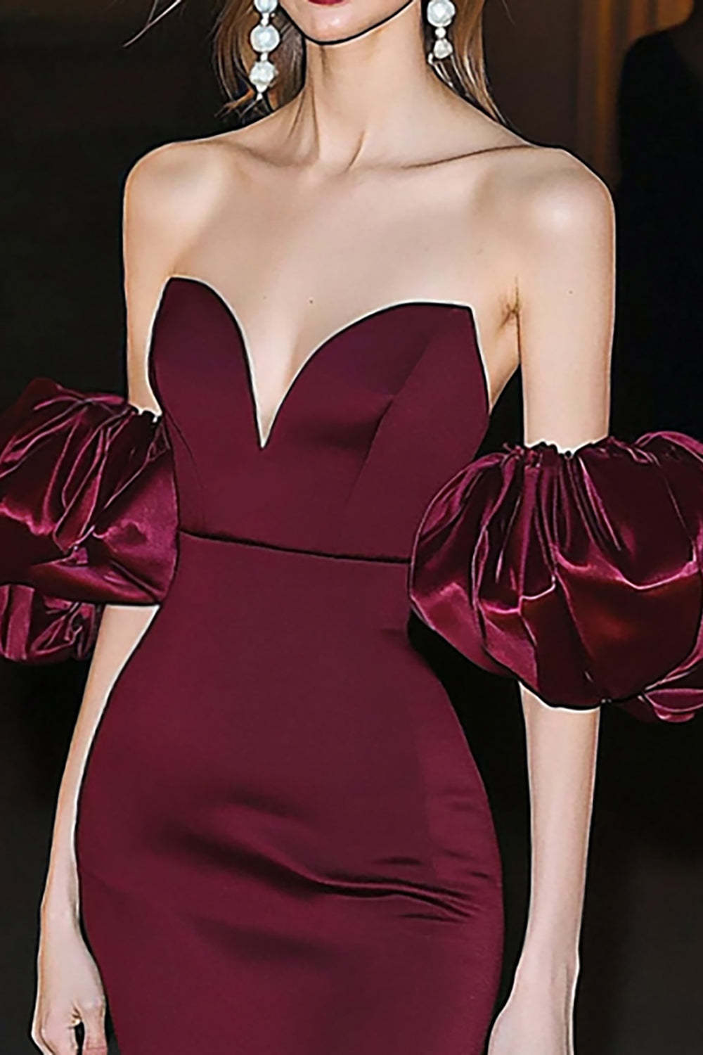 Burgundy Mermaid Sweetheart Gala Dress with Puff Sleeves