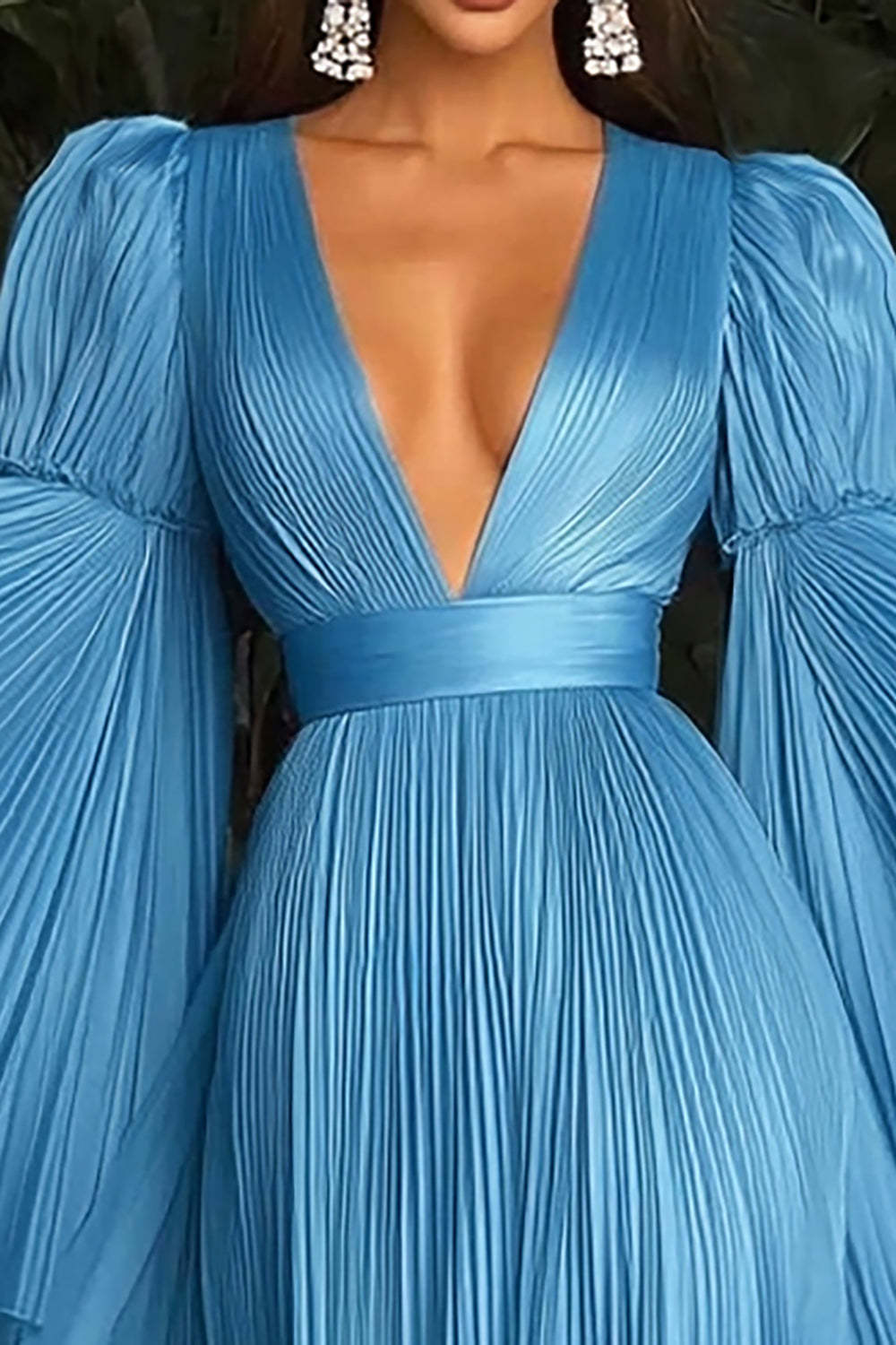 Blue Pleated A Line Gala Dress with Long Sleeves