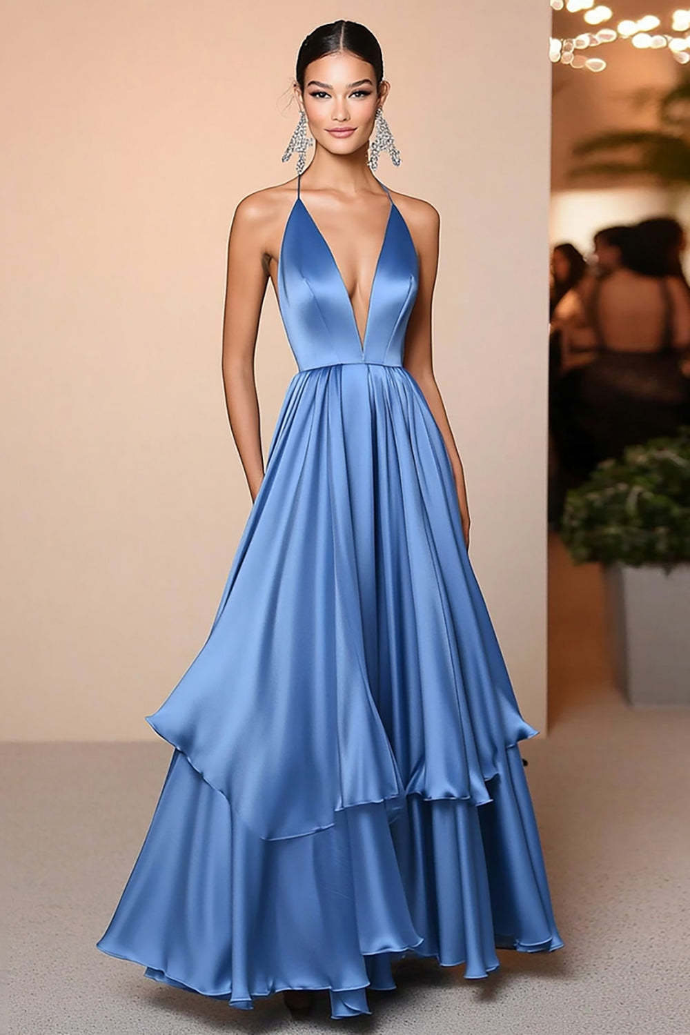Leely Women Blue A Line Satin Gala Dress with Ruffles Deep V-Neck Floor Length Formal Dress