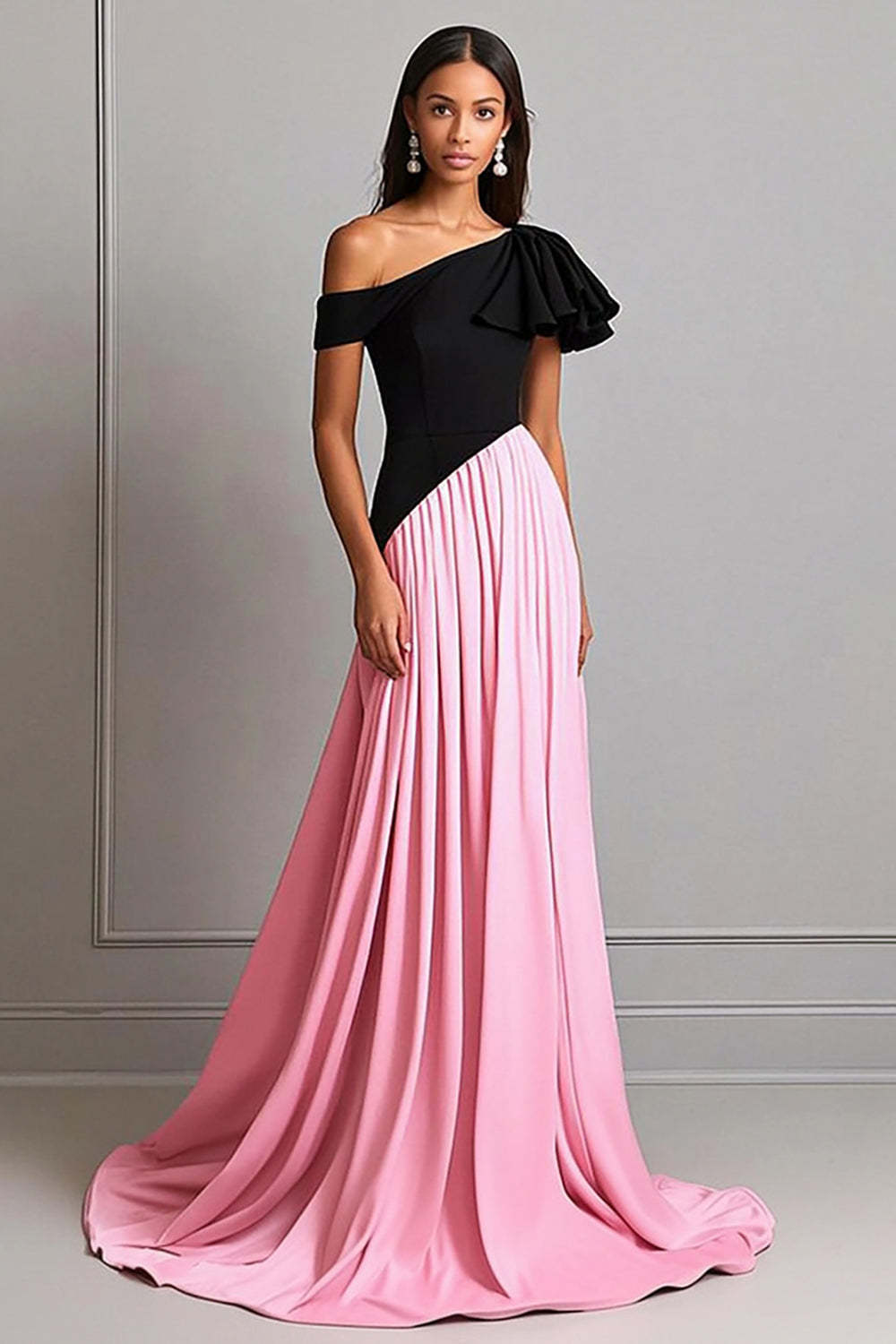 Leely Women Black Pink A Line Satin Gala Dress with Ruffles One Shoulder Pleated Long Formal Dress
