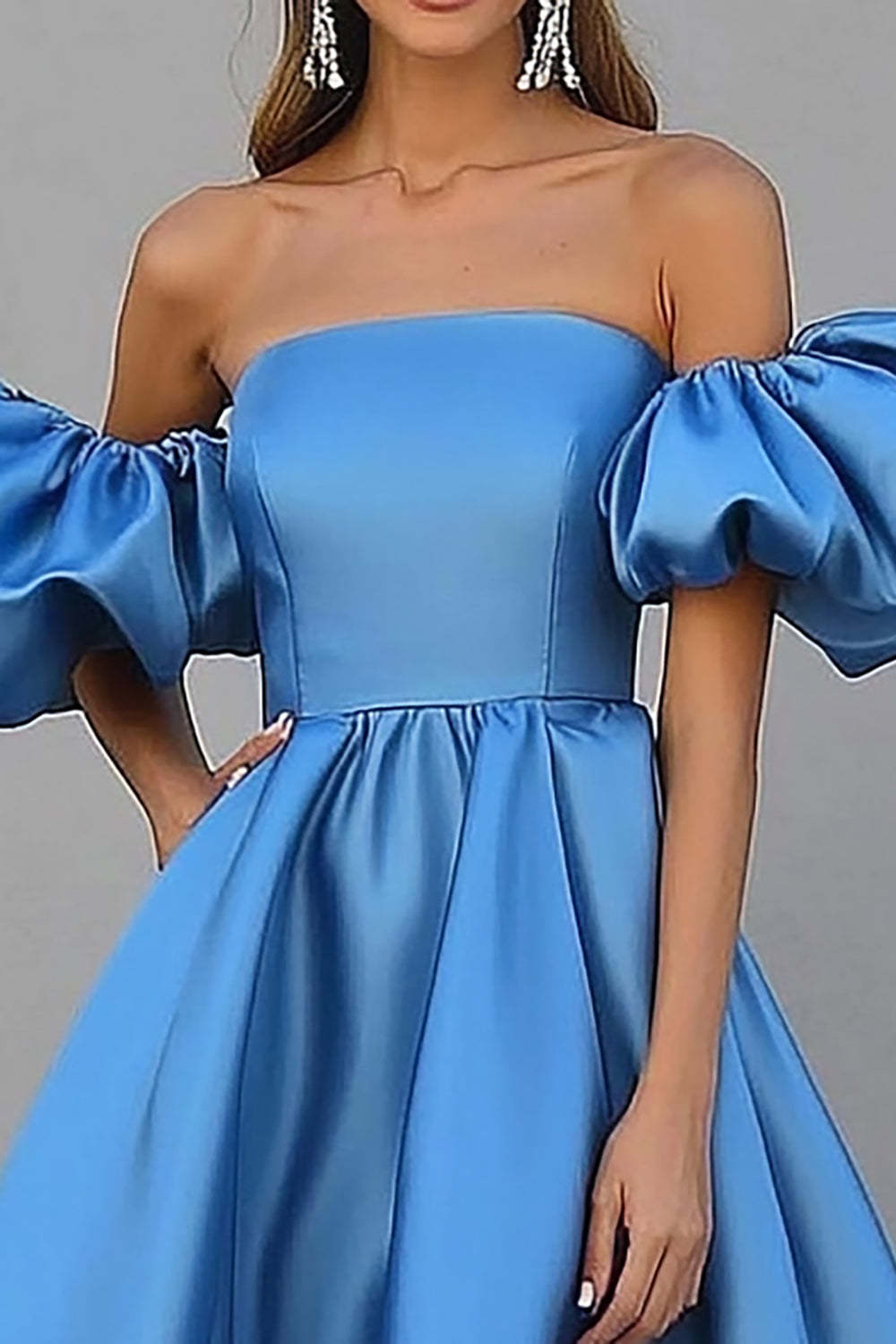 Blue A Line Satin Long Gala Dress with Puff Sleeves