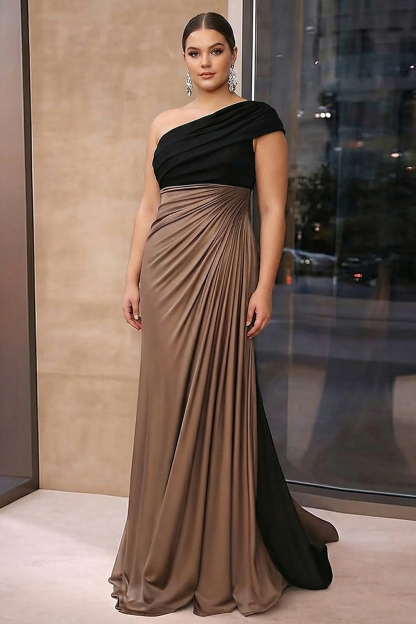 Black Brown Sheath One Shoulder Ruched Gala Dress