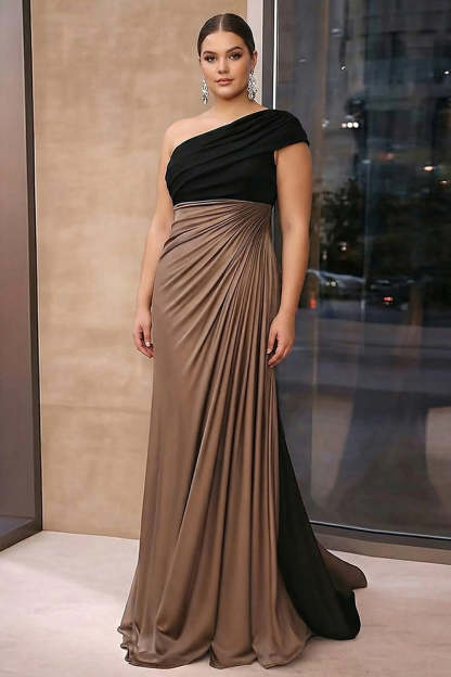 Leely Women Black Brown Plus Size Sheath Satin Red Carpet Dress One Shoulder Ruched Floor Length Formal Dress