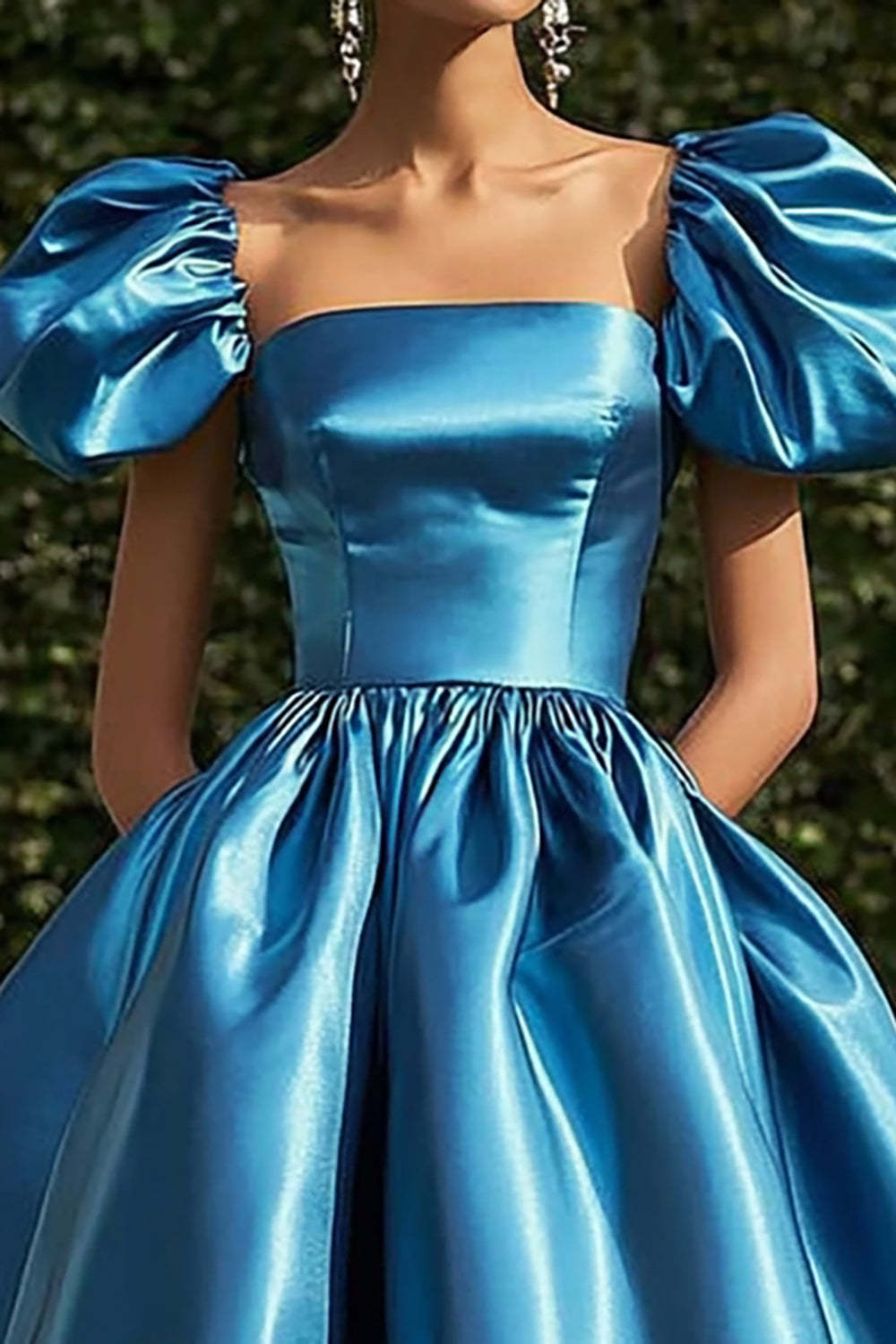 Blue Satin Ball Gown Tea Length Gala Dress