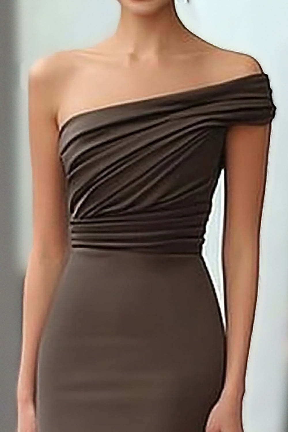 Coffee One Shoulder Ruched Floor Length Gala Dress
