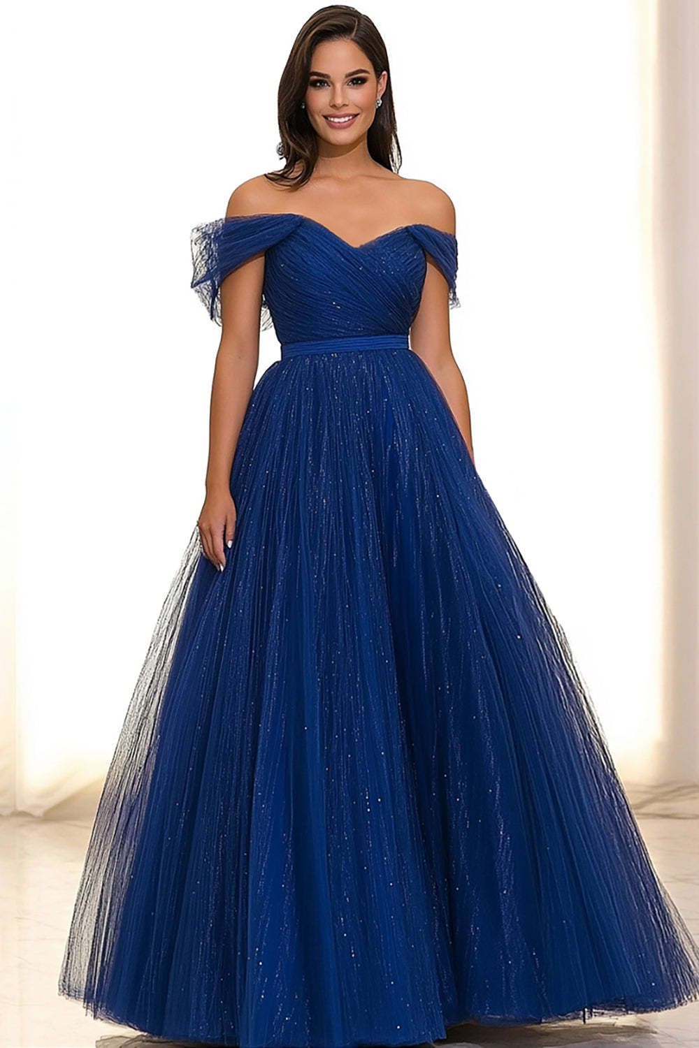 Leely Women Sparkly Royal Blue Ball Gown Gala Dress Off the Shoulder Ruched Floor Length Formal Dress