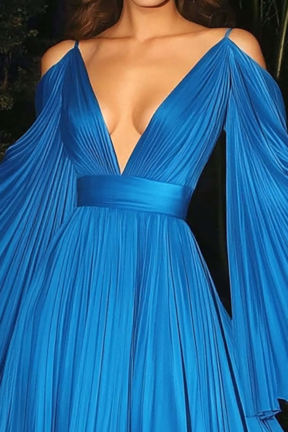 Blue V Neck Chiffon Flutter Sleeves A Line Pleated Gala Dress