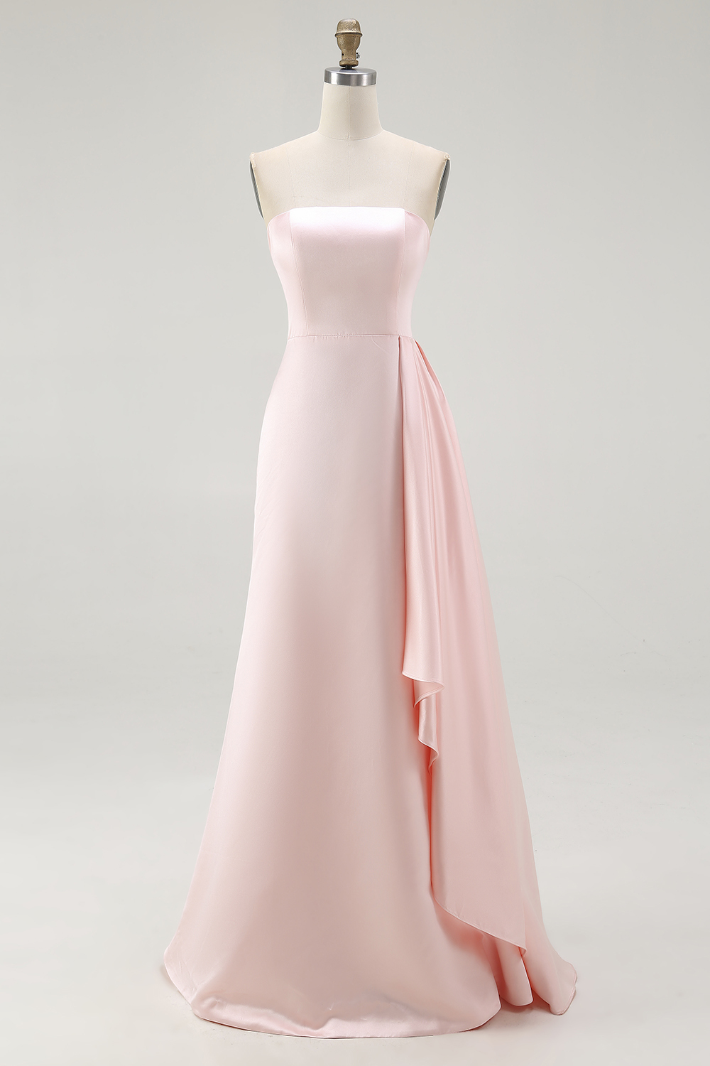Pink Strapless Satin Sheath Gala Dress with Ruffles