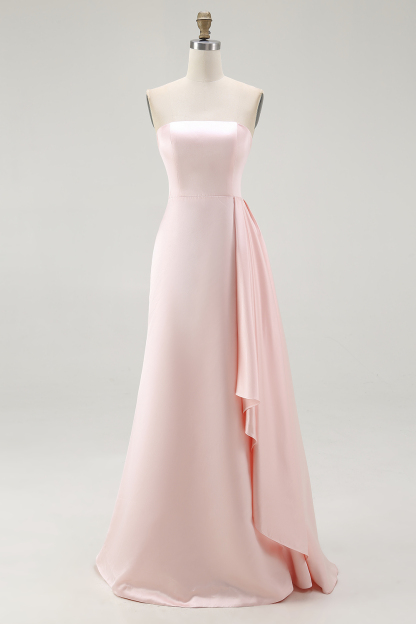 Pink Strapless Satin Sheath Gala Dress with Ruffles