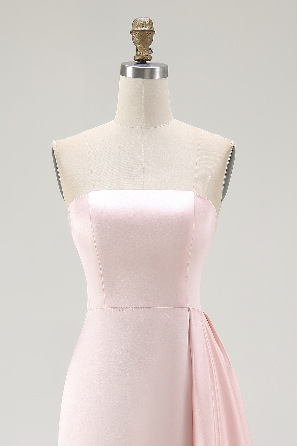 Pink Strapless Satin Sheath A Line Evening Dress with Ruffles