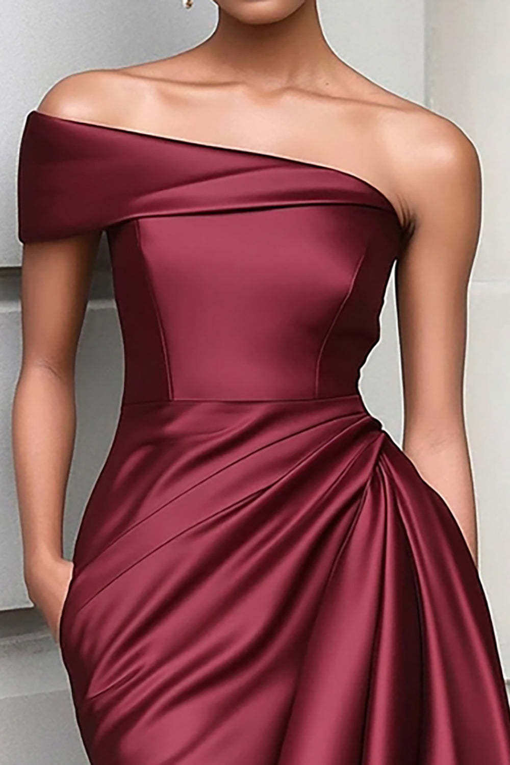 Burgundy One Shoulder Bodycon Satin Knee Length Gala Dress