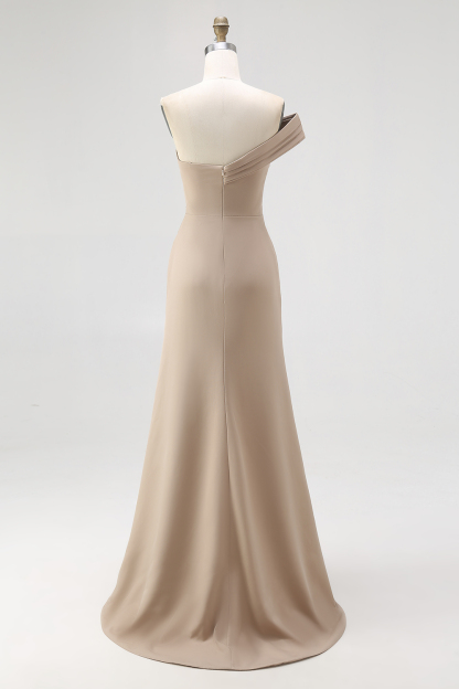 Light Khaki One Shoulder Sheath Ruched Gala Dress