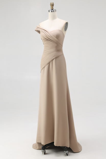 Light Khaki One Sheath Shoulder Ruched Maxi Gala Dress