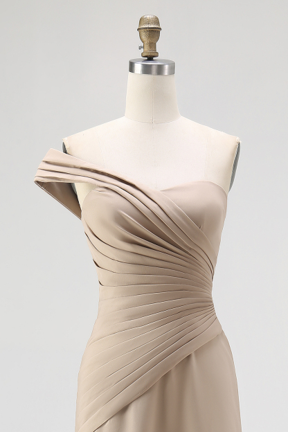 Light Khaki One Shoulder Sheath Ruched Gala Dress
