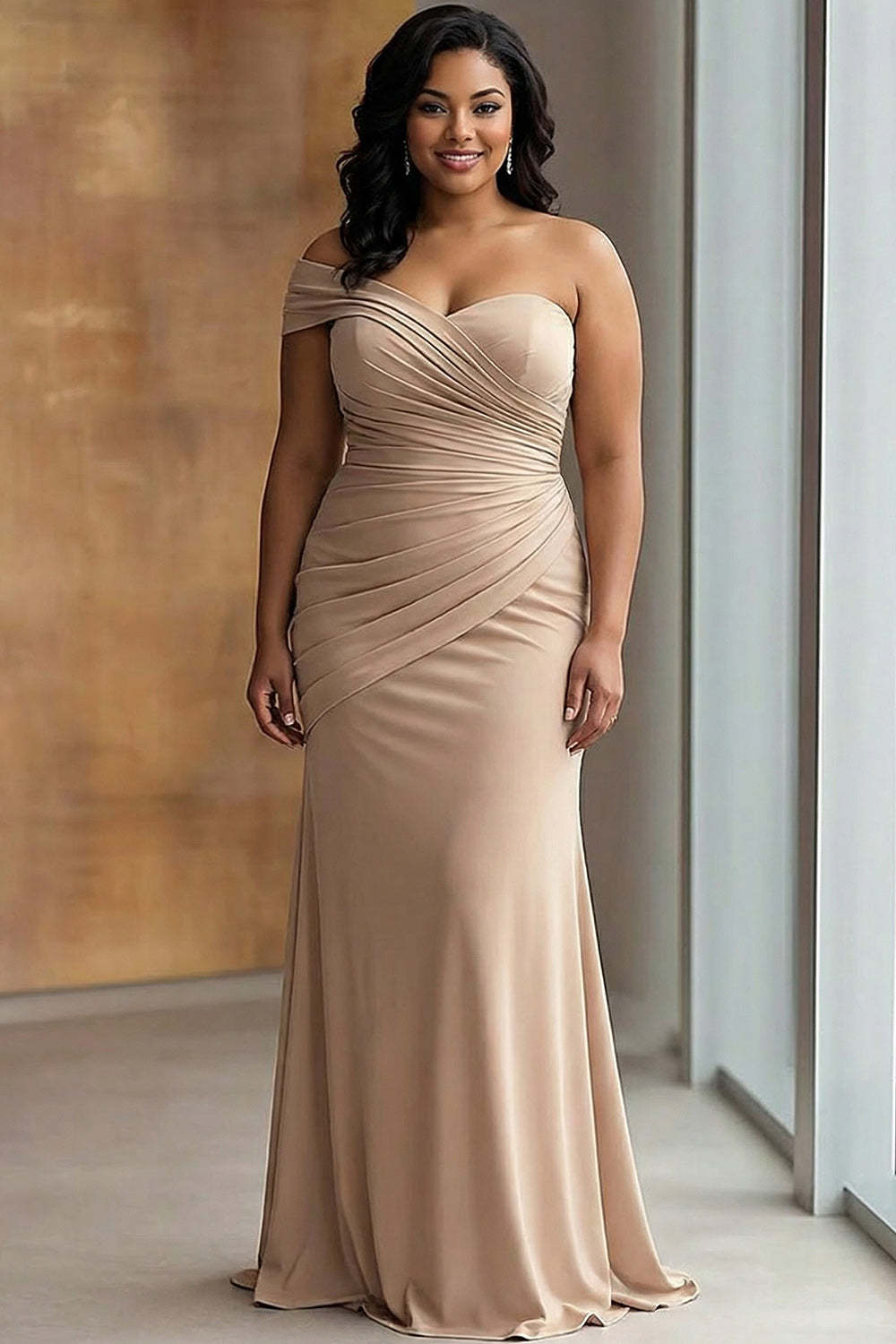 Leely Women Light Khaki Plus Size One Shoulder Sheath Red Carpet Dress Ruched Floor Length Formal Dress
