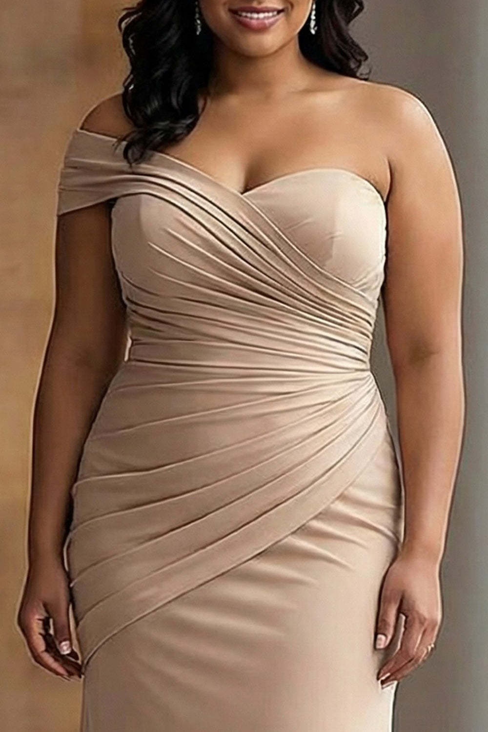 Maxi Light Khaki Sheath Plus Size One Shoulder Ruched Red Carpet Dress