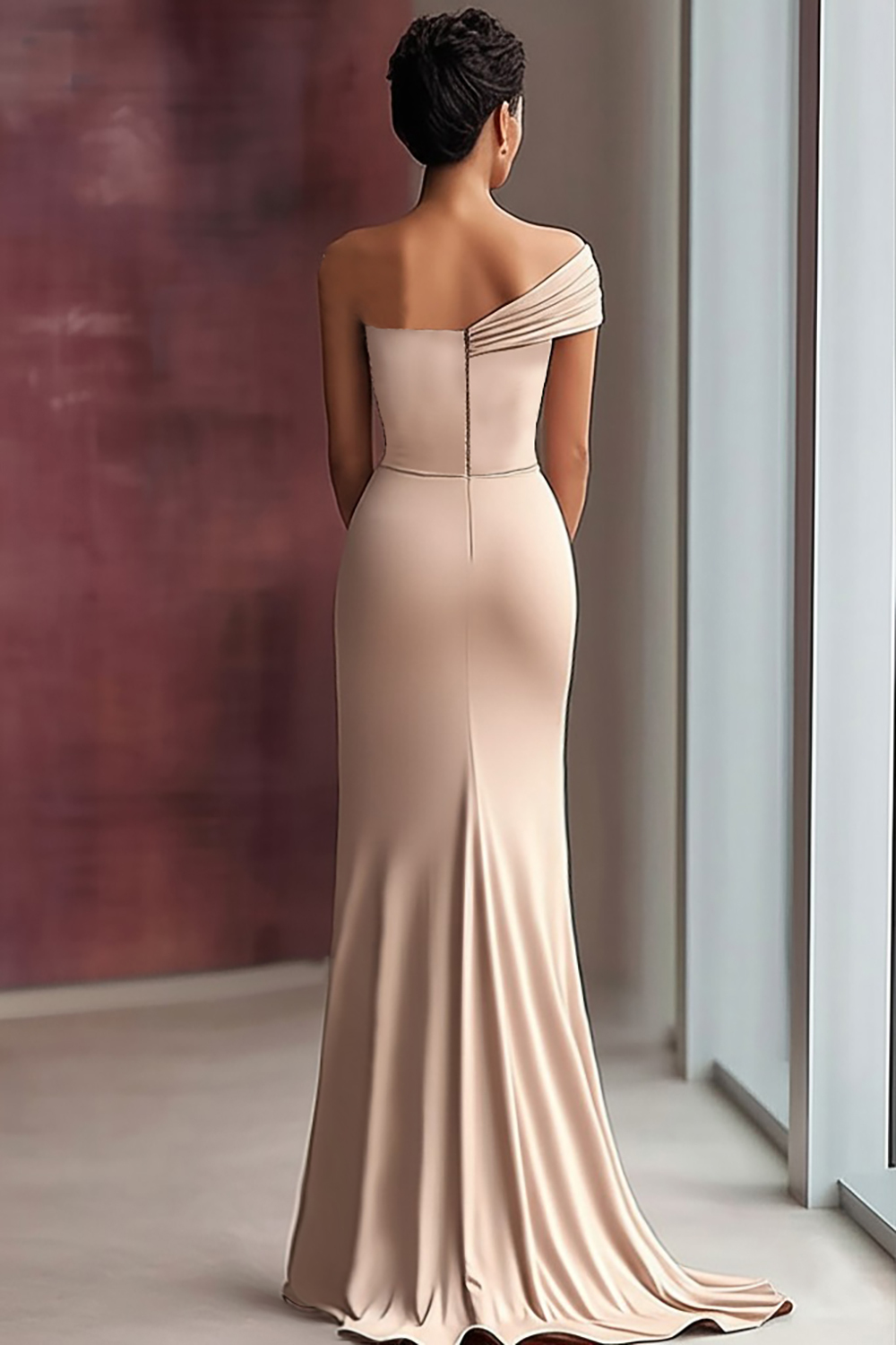 Light Khaki One Shoulder Sheath Ruched Gala Dress