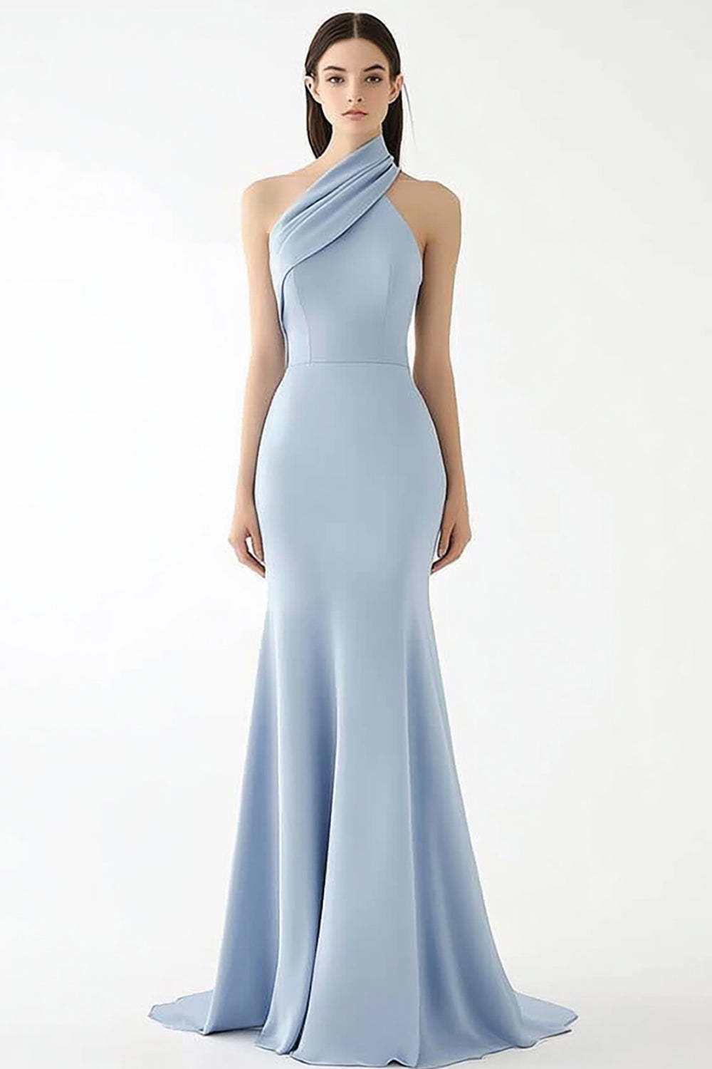 Leely Women Light Blue Crepe Halter Sheath Gala Dress Floor Length Formal Dress