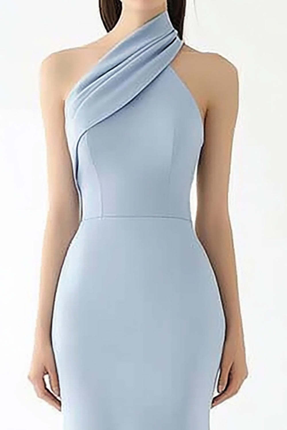 Light Blue Crepe Halter Sheath Floor Length Gala Dress