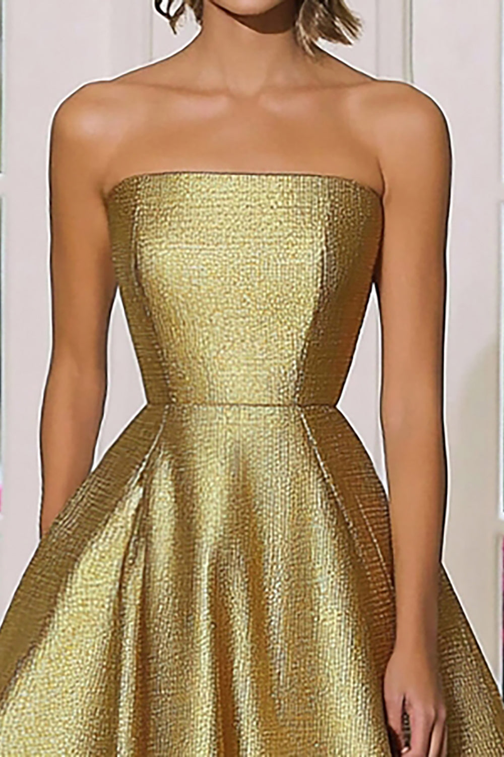 Gold Metallic Satin Strapless A Line Floor Length Gala Dress