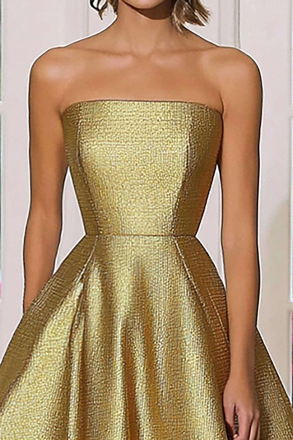 Gold Metallic Satin Strapless A Line Floor Length Gala Dress