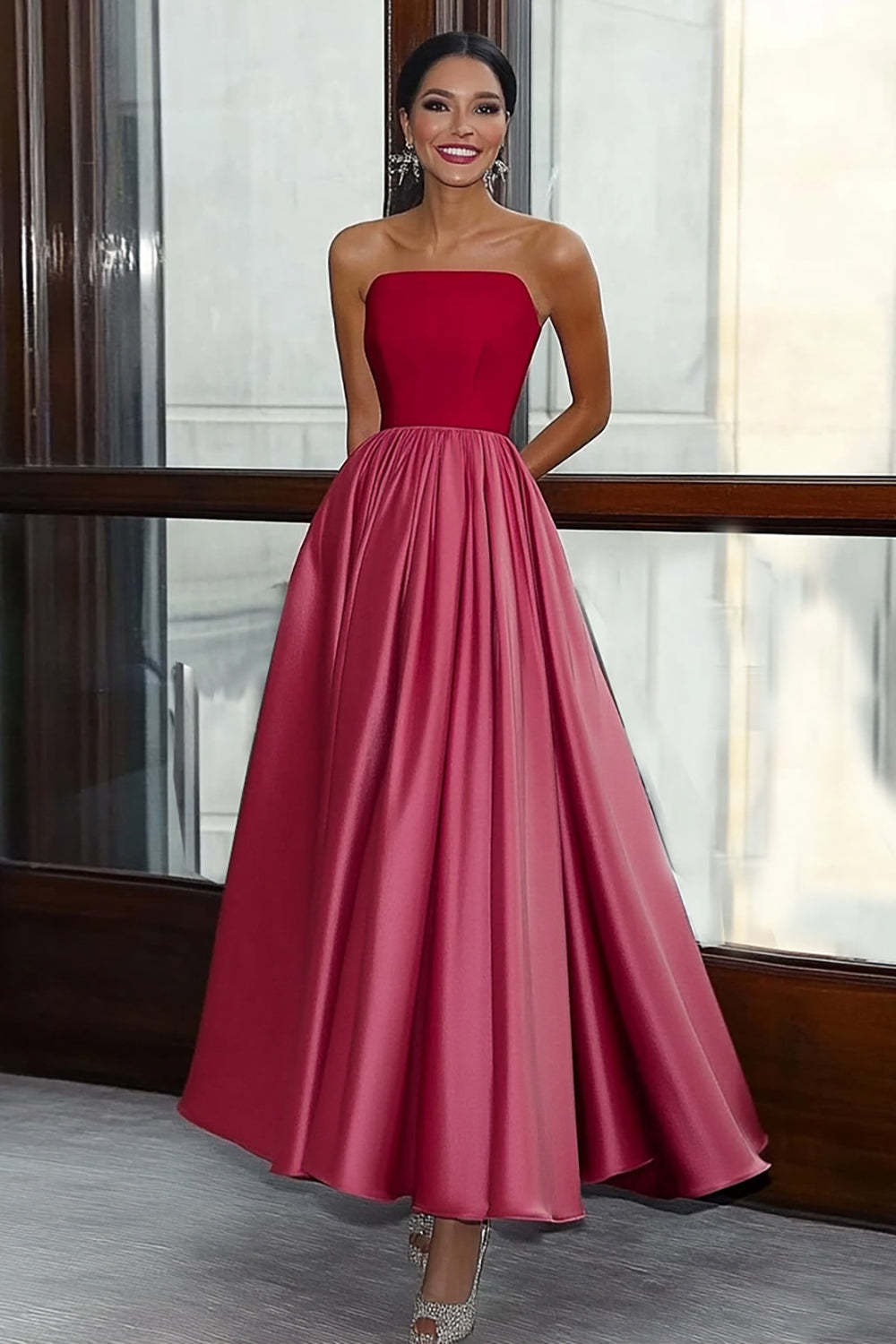 Leely Women Red Pink Strapless Satin A Line Gala Dress Straight Neck Tea Length Formal Dress