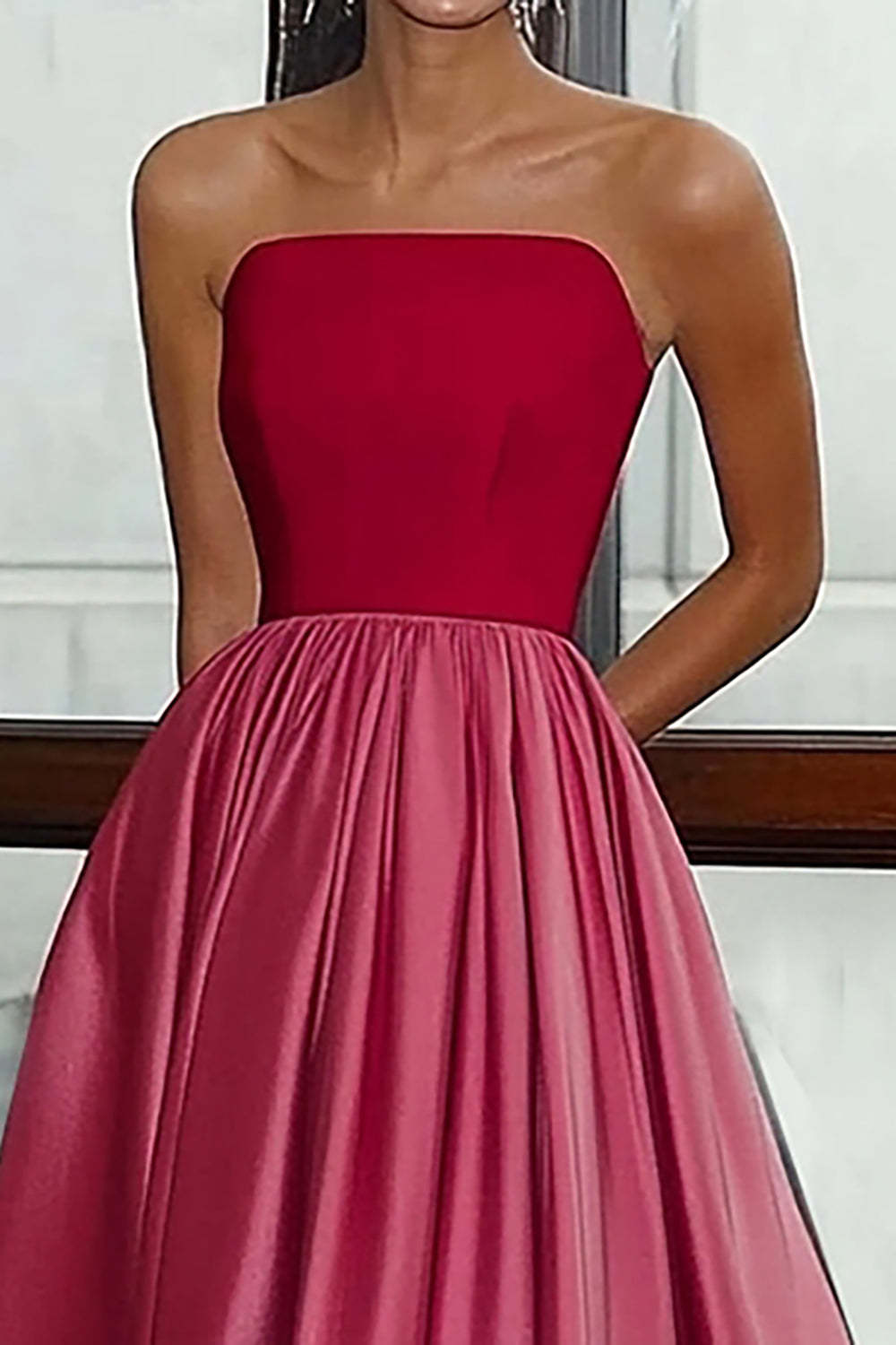 Red Pink Strapless Straight Neck Satin A Line Gala Dress