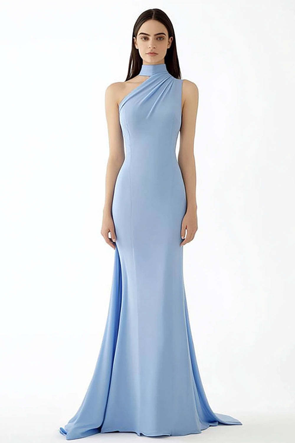 Leely Women Halter Sheath Light Blue Gala Dress Crepe Floor Length Formal Dress