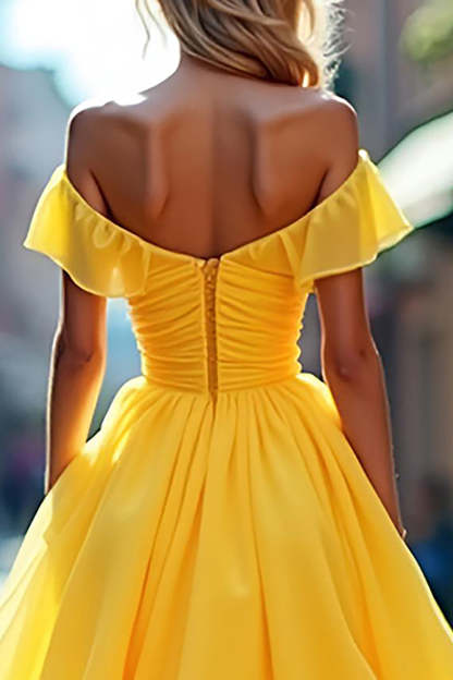 Yellow A Line Off the Shoulder Ruffled Long Prom Dress