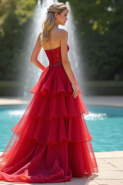 Sweetheart Corset Red A Line Tiered Long Prom Dress with Ruffles
