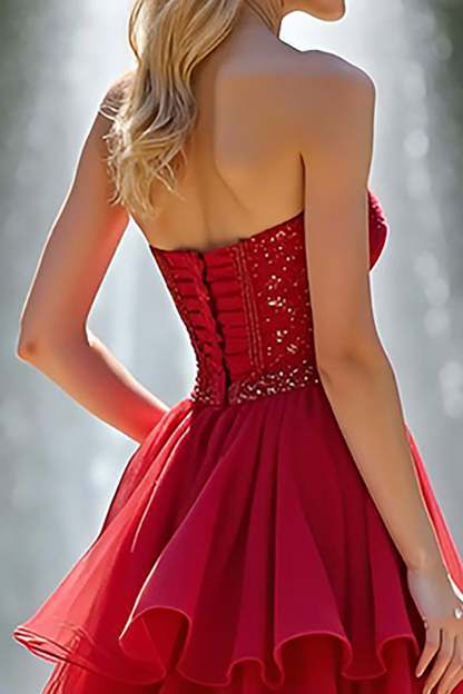 Sweetheart Corset Red A Line Tiered Long Prom Dress with Ruffles