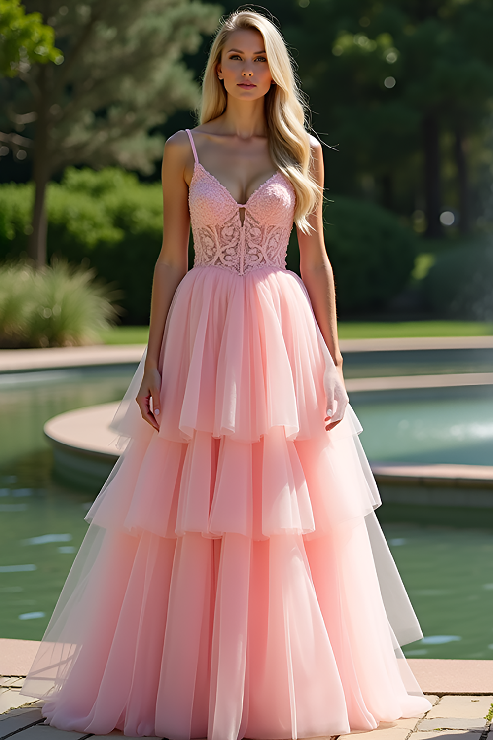 Leely Women Princess Pink A Line Corset Long Prom Dress Tiered V-Neck Spaghetti Straps Formal Dress with Appliques