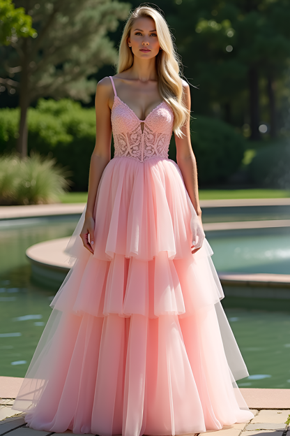 Leely Women Princess Pink A Line Corset Long Prom Dress Tiered V-Neck Spaghetti Straps Formal Dress with Appliques