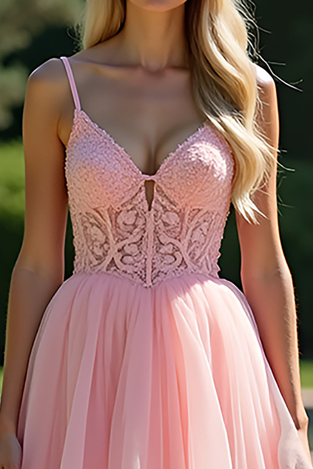 Princess Pink V-Neck A Line Tiered Corset Long Prom Dress