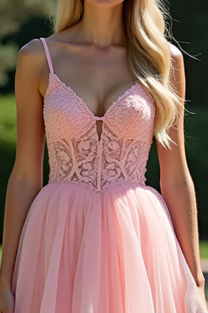 Princess Pink V-Neck A Line Tiered Corset Long Prom Dress