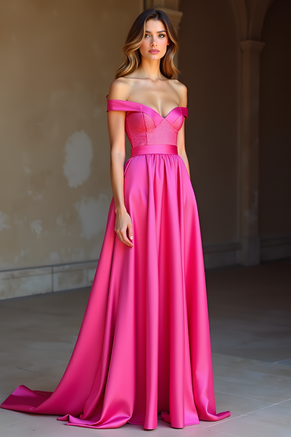 Leely Women Fuchsia A Line Satin Prom Dress Off the Shoulder Corset Long Formal Dress