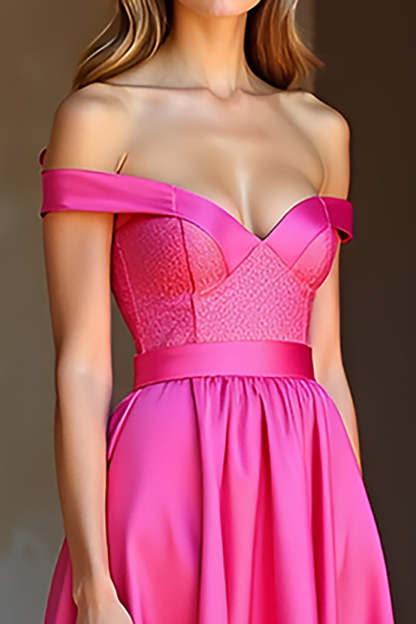 Fuchsia A Line Off the Shoulder Corset Long Satin Prom Dress