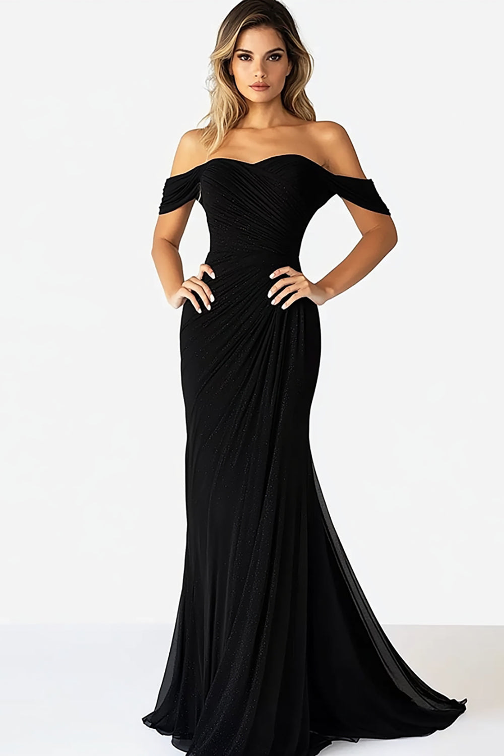Leely Women Black Mermaid Ruched Prom Dress with Slit Off the Shoulder Strapless Long Formal Dress