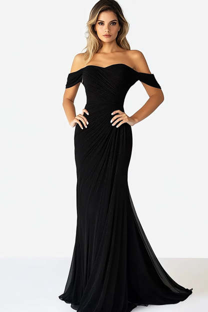 Leely Women Black Mermaid Ruched Prom Dress with Slit Off the Shoulder Strapless Long Formal Dress