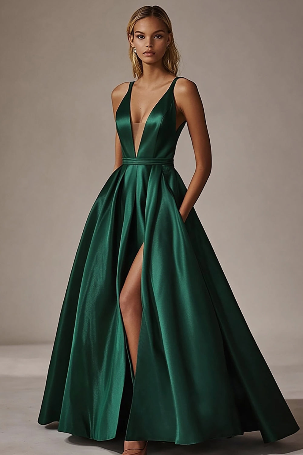 Leely Women Dark Green A Line Long Prom Dress with Slit Deep V-Neck Spaghetti Straps Satin Formal Dress