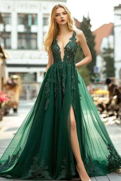 Leely Women Dark Green A Line Long Prom Dress with Slit Deep V-Neck Lace Appliqued Spaghetti Straps Tulle Formal Dress