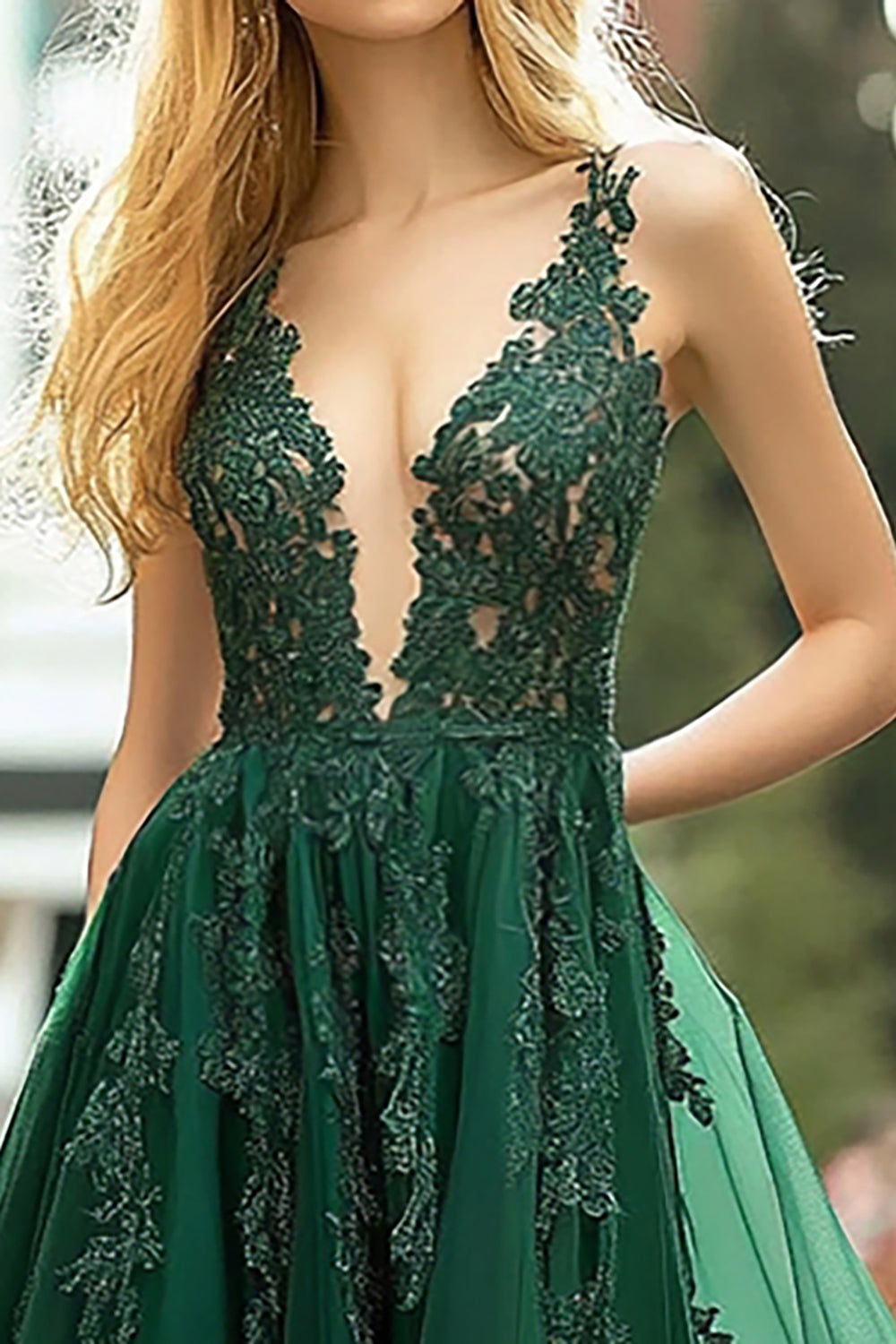 Dark Green V-Neck A Line Long Lace Applique Prom Dress with Slit