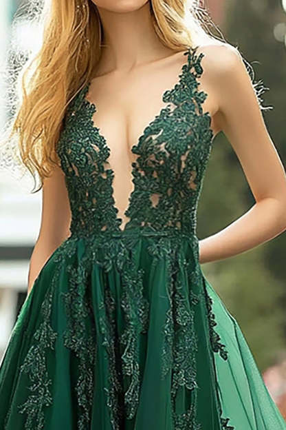 Dark Green V-Neck A Line Long Lace Applique Prom Dress with Slit