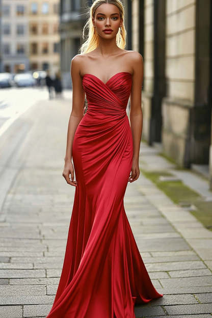 Leely Women Red Mermaid Sweetheart Satin Prom Dress Ruched Strapless Satin Long Formal Dress