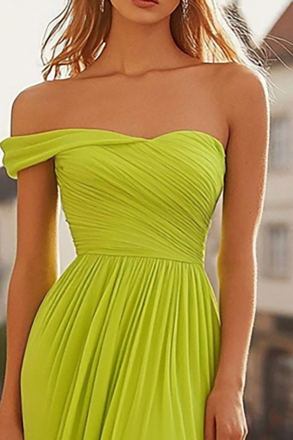 Lemon Green A-Line One Shoulder Pleated Chiffon Prom Dress with Slit